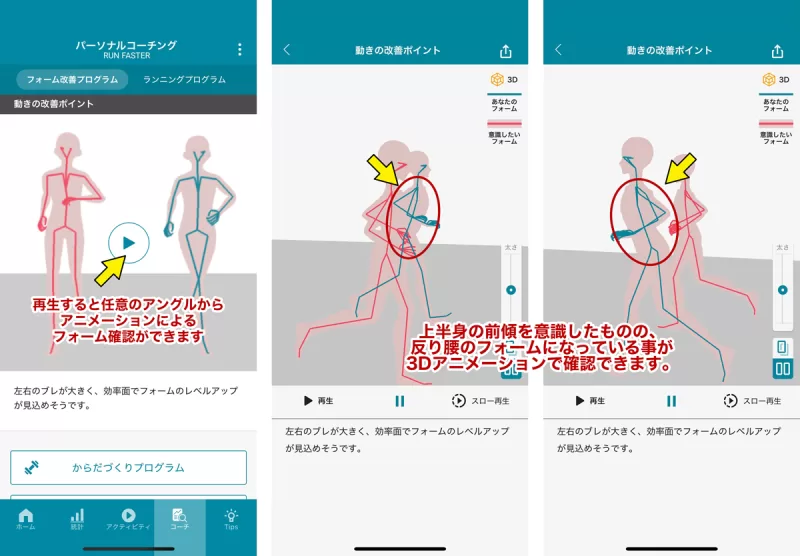 前傾姿勢が確認できる3Dアニメーション画面