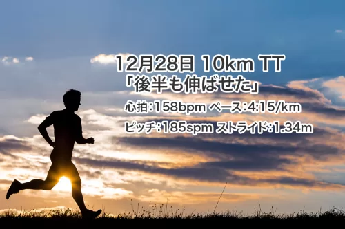 12月28日 10km TT 心拍:158bpm ペース:4:15/km ピッチ:185spm ストライド:1.34m 「後半も伸ばせた」