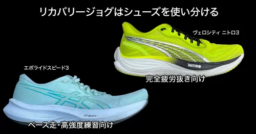 リカバリージョグはシューズを使い分ける エボライドスピード3 → ペース走・高強度練習向け ヴェロシティ ニトロ3 → 完全疲労抜き向け